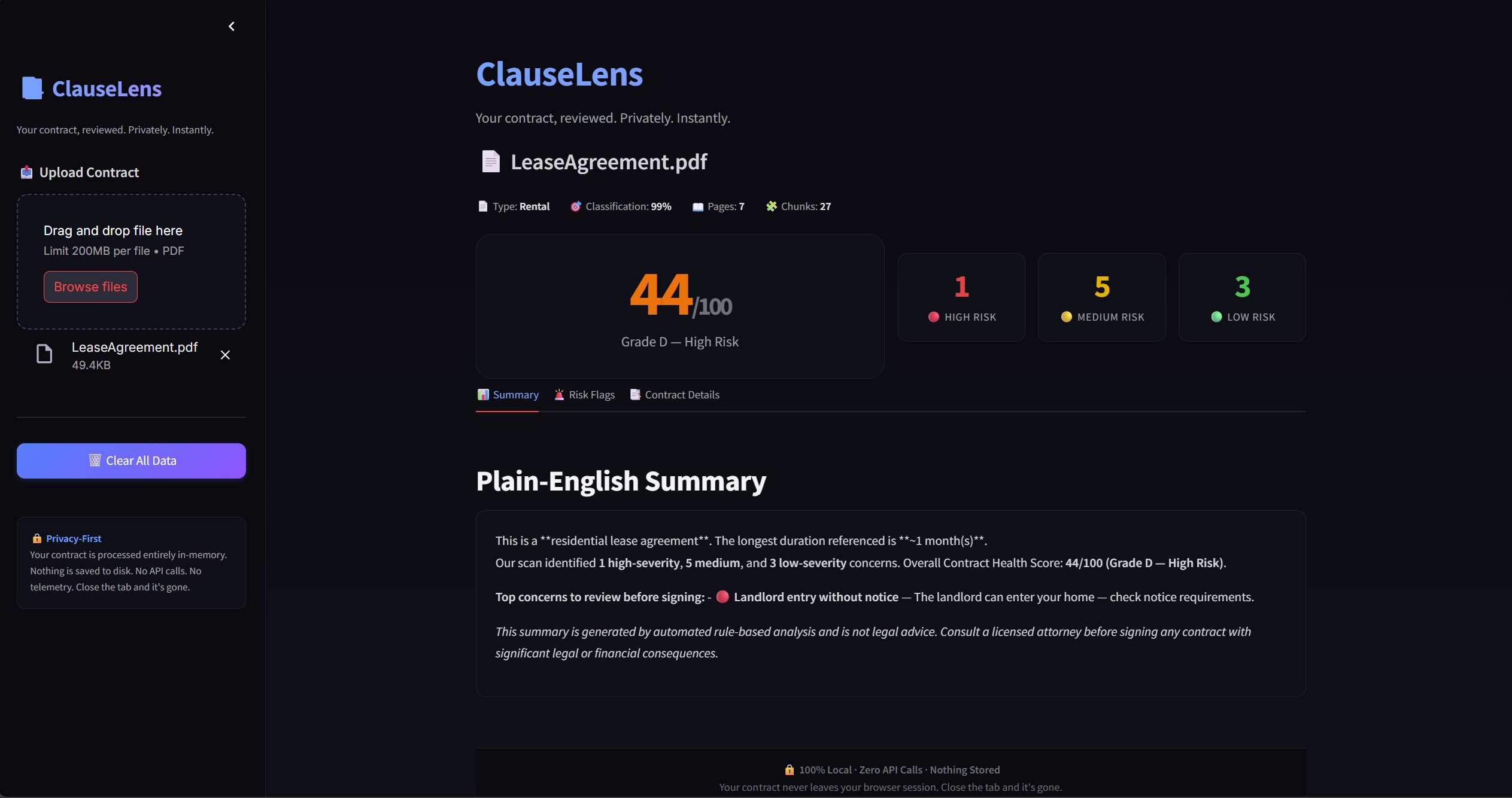 ClauseLens dashboard showing contract health score and risk flags