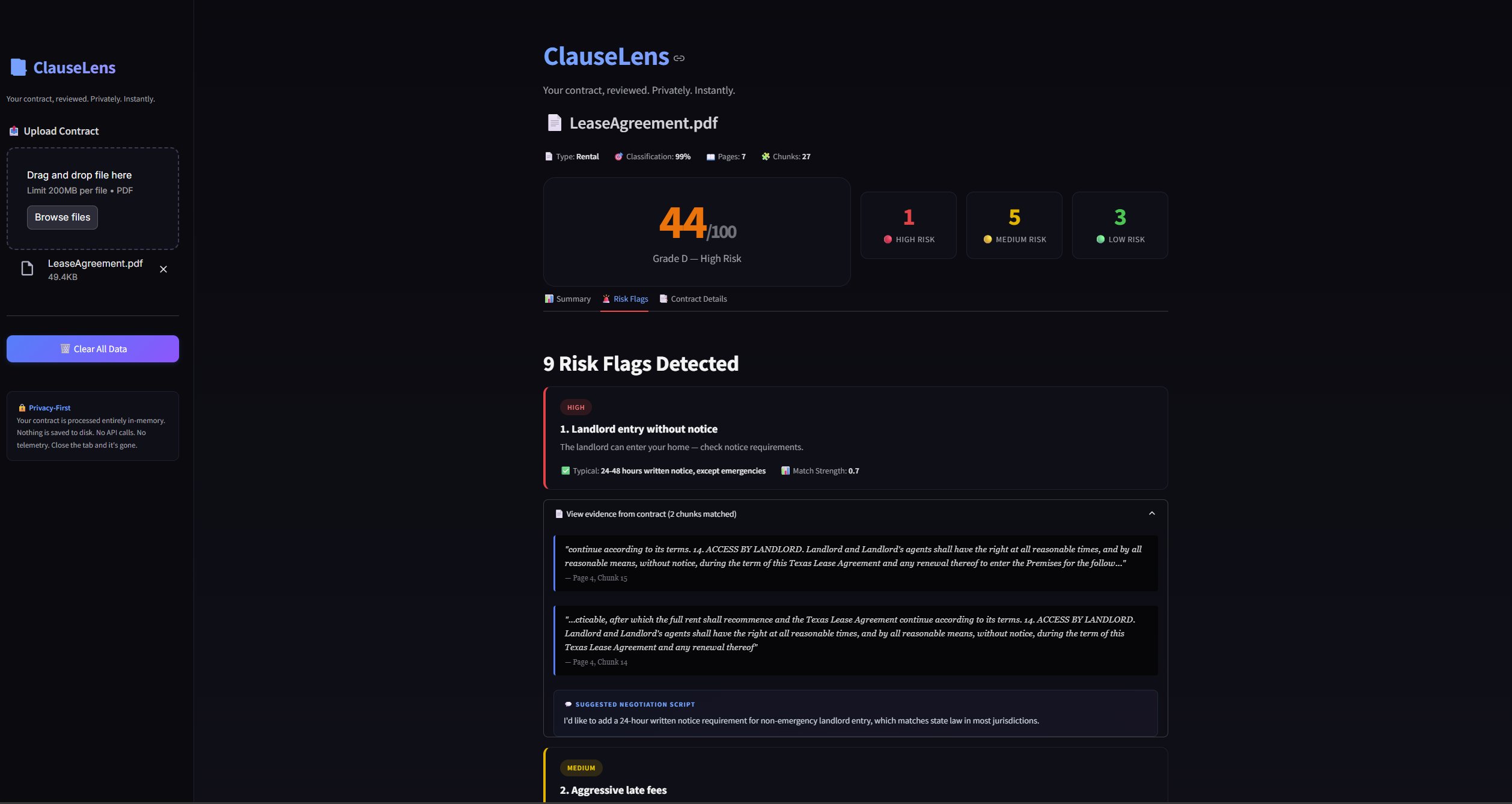 ClauseLens risk flag detail with evidence and negotiation script