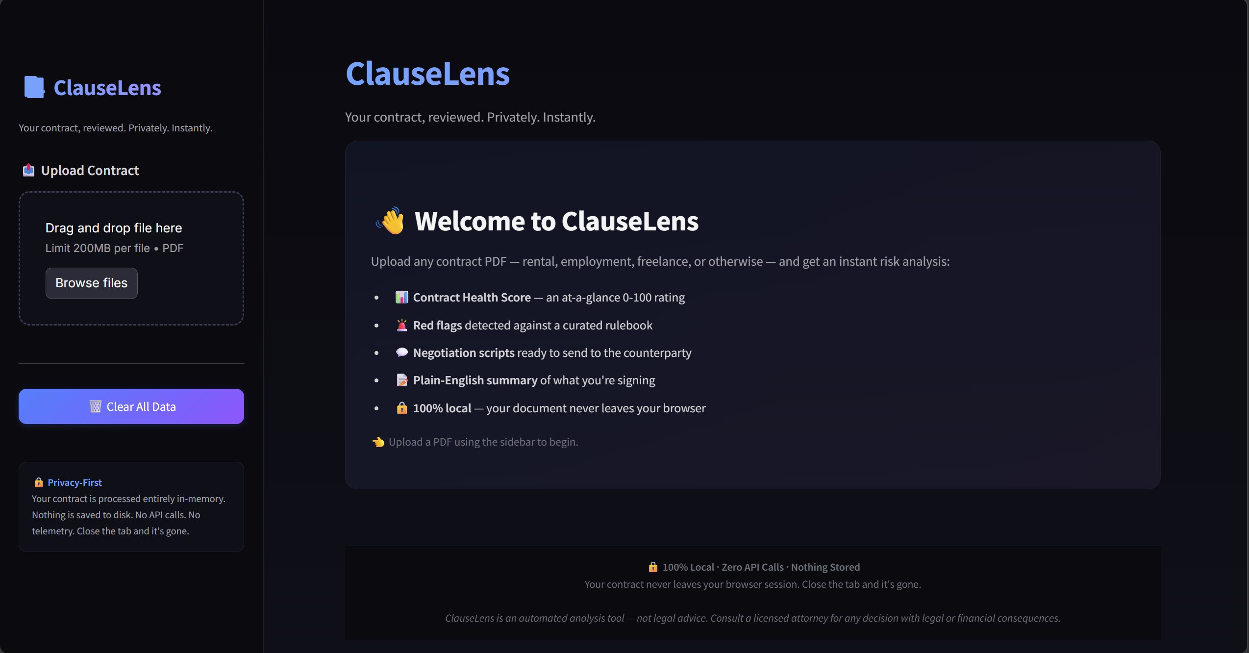 ClauseLens welcome screen — upload contract to begin